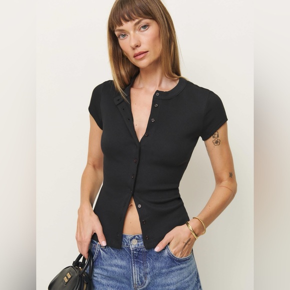 Reformation Tops - new Reformation Raelynn ribbed button up short sleeve knit cardigan top in black
